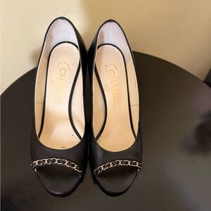 CHANEL Black Leather Peep-Toe Pumps with Chain Trim with BOX